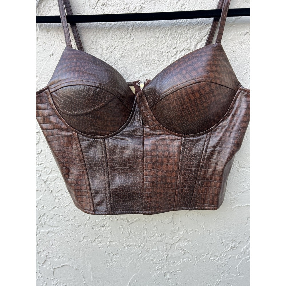Say What Brown Croc Embossed Faux Leather Corset Bustier Crop Top Large